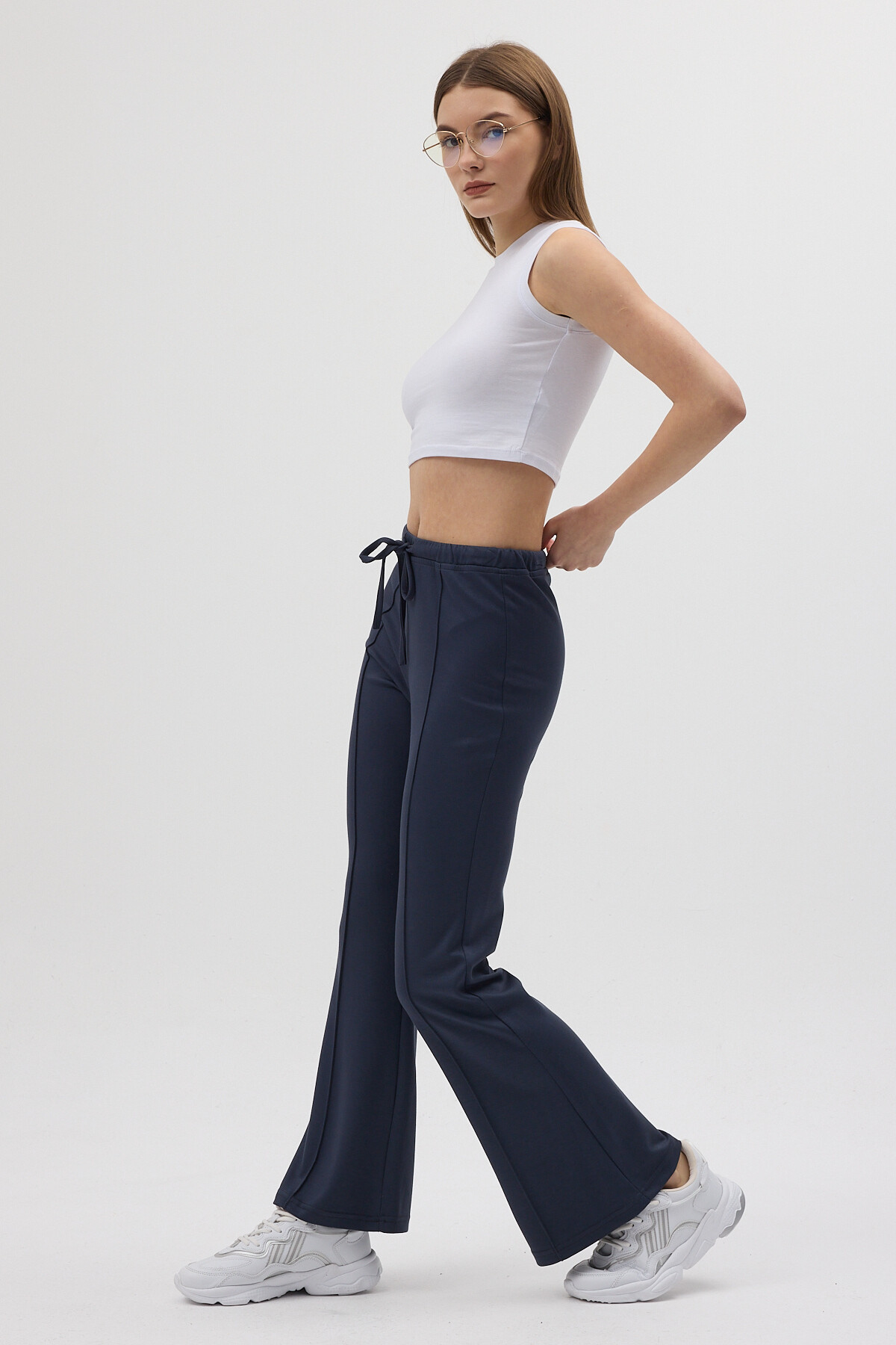 Antrasit Geniş Paça Beli Bağcıklı Kadın Pantolon 8246A - 7