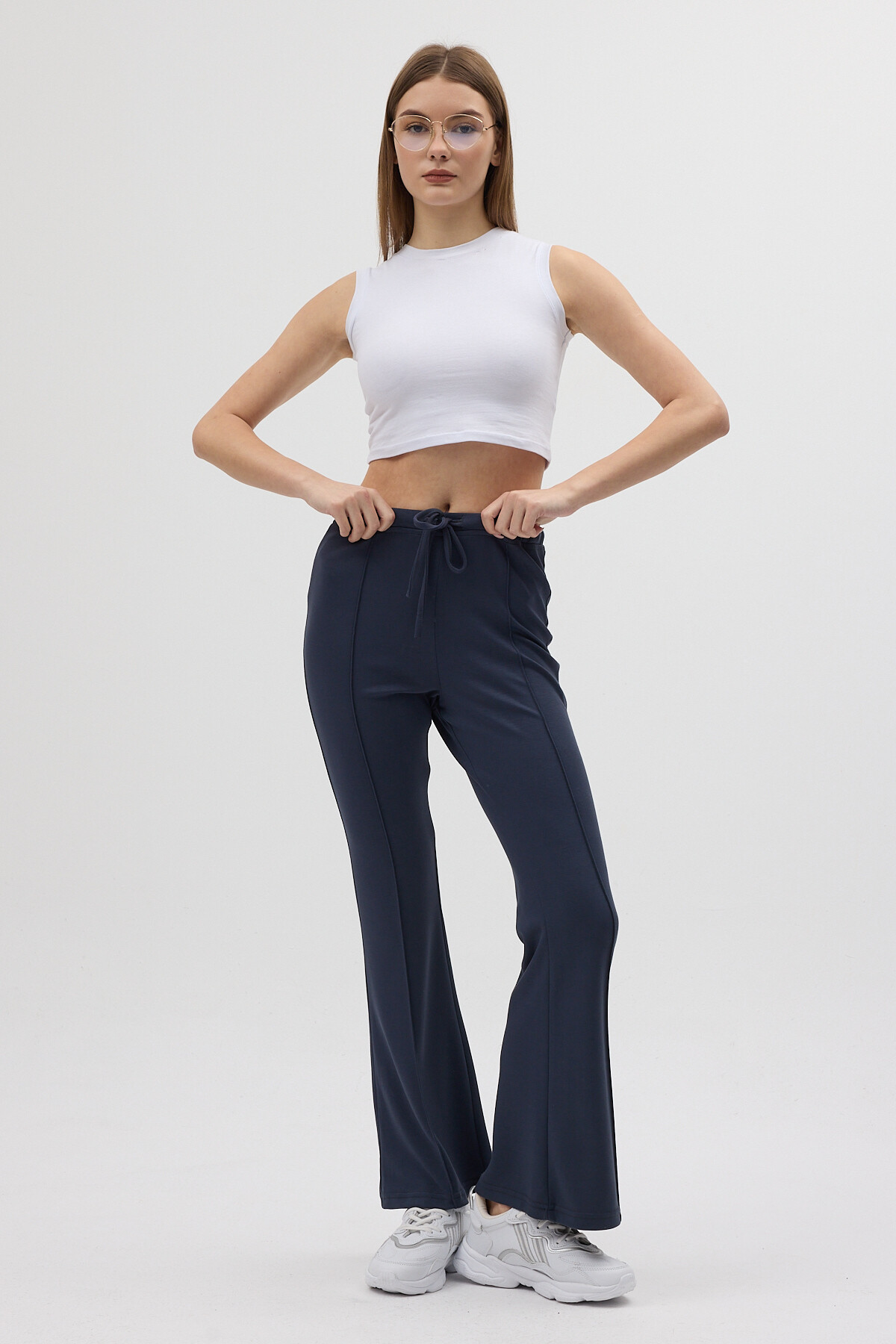 Antrasit Geniş Paça Beli Bağcıklı Kadın Pantolon 8246A - 4