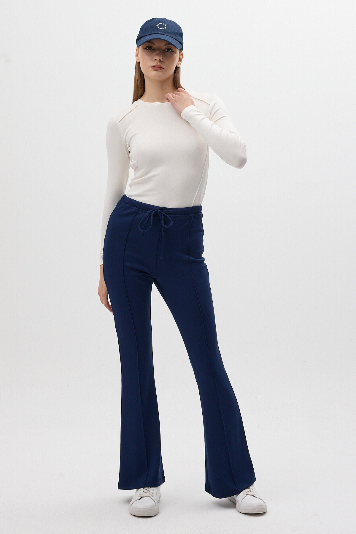 Lacivert Geniş Paça Beli Bağcıklı Kadın Pantolon 8246A - 1