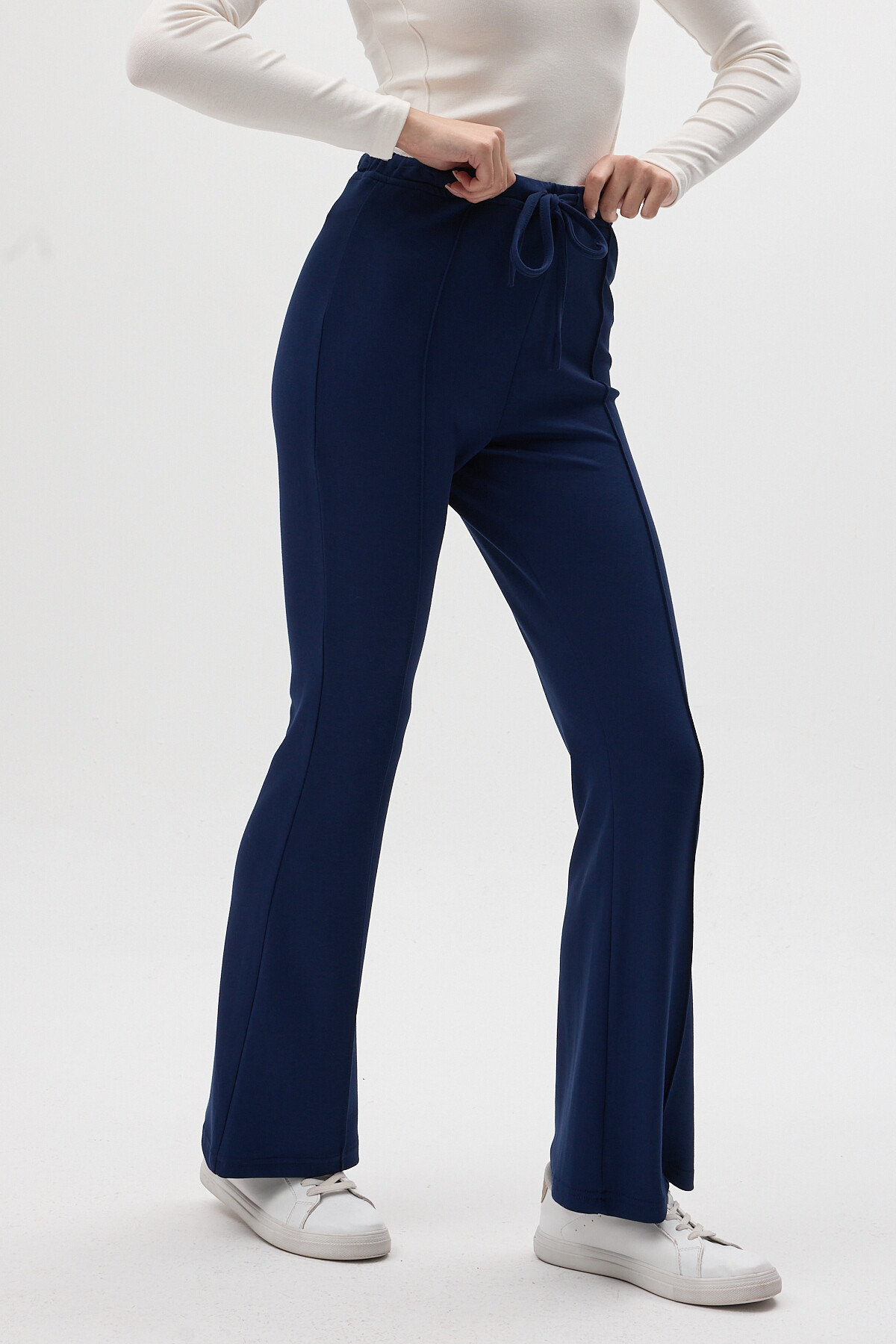 Lacivert Geniş Paça Beli Bağcıklı Kadın Pantolon 8246A - 3