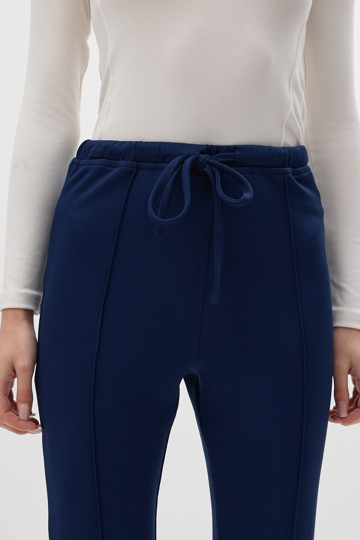 Lacivert Geniş Paça Beli Bağcıklı Kadın Pantolon 8246A - 4