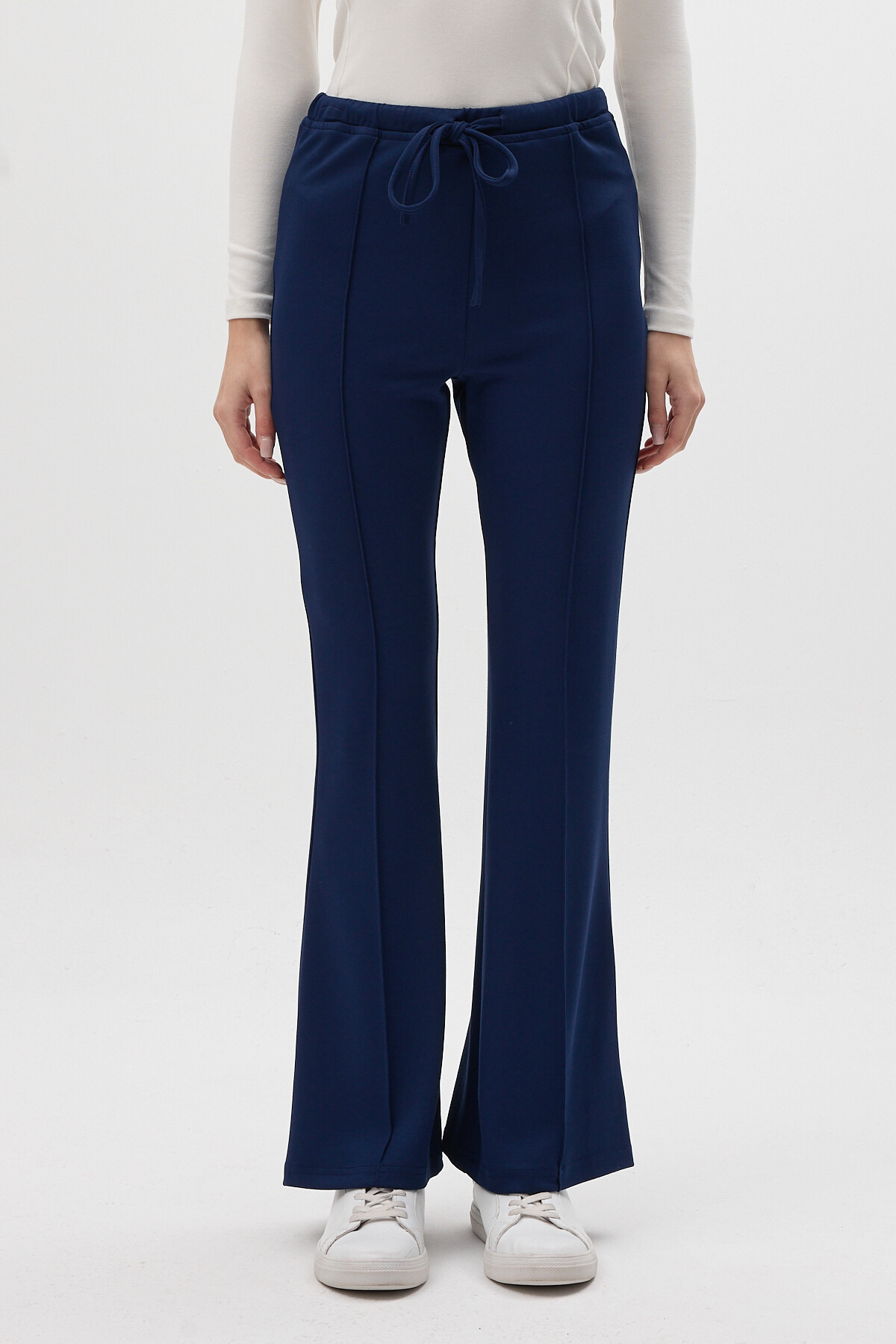 Lacivert Geniş Paça Beli Bağcıklı Kadın Pantolon 8246A - 2