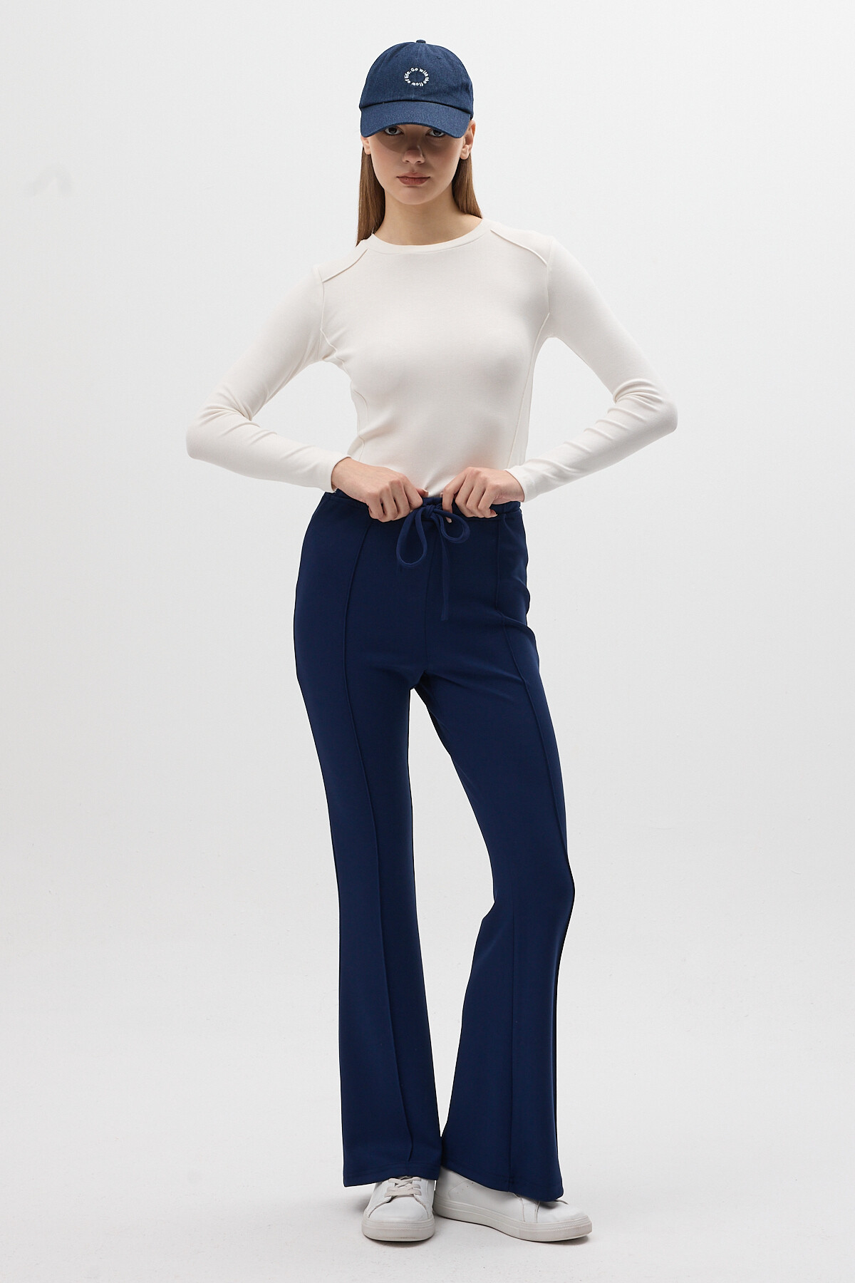 Lacivert Geniş Paça Beli Bağcıklı Kadın Pantolon 8246A - 6