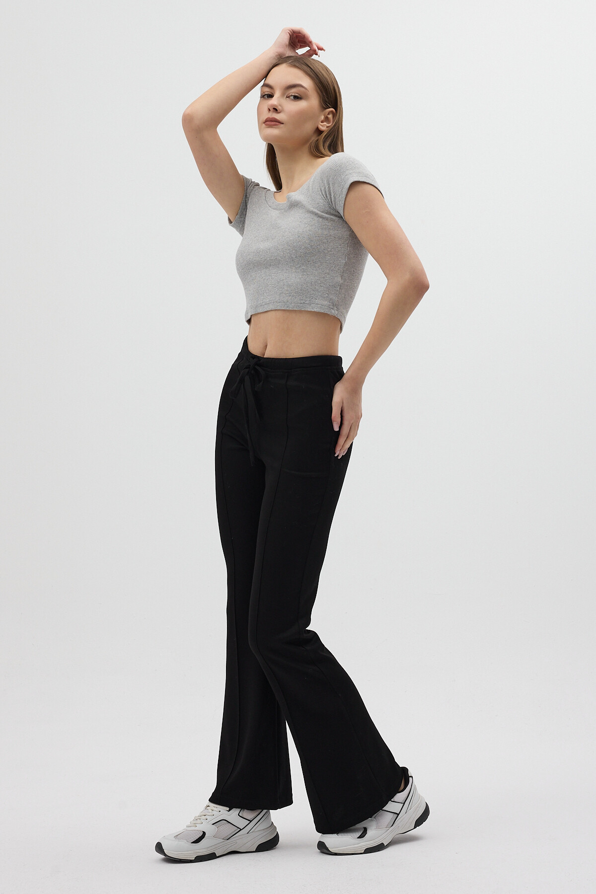 Siyah Geniş Paça Beli Bağcıklı Kadın Pantolon 8246A - 6