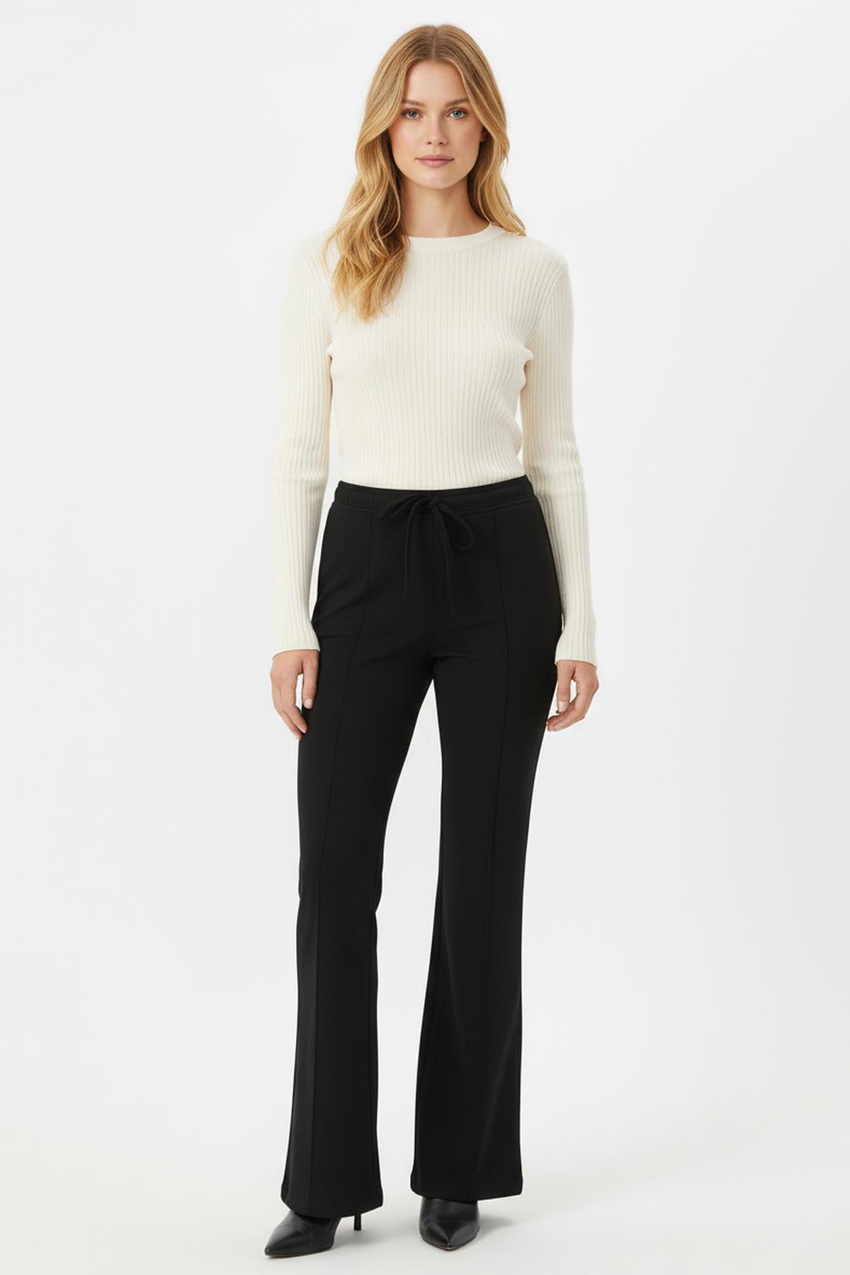 8246A İspanyol Paça Bel Lastikli Pantolon Siyah - 1