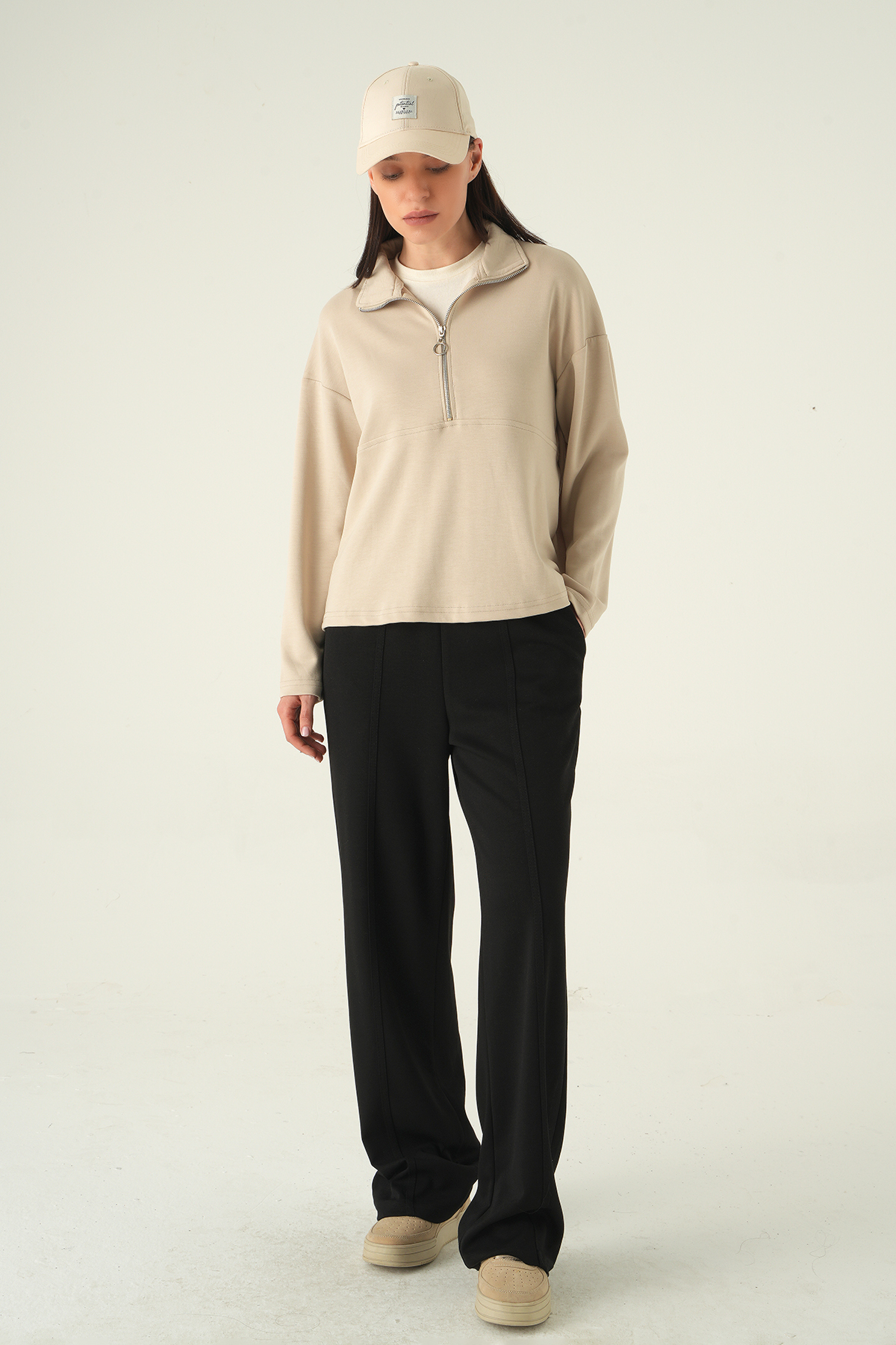 Yarım Fermuarlı Sweat 8249A Bej - 3
