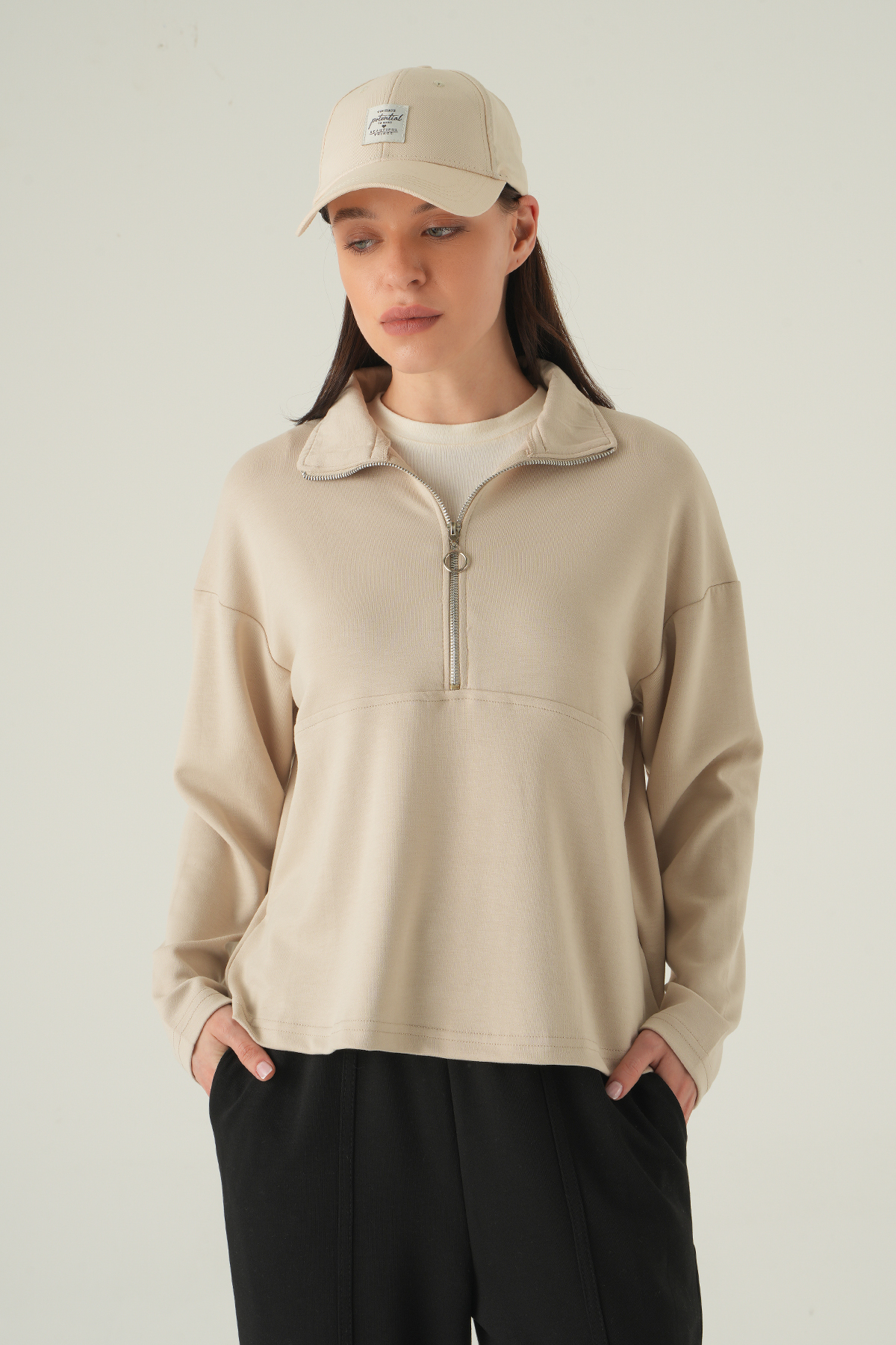 Yarım Fermuarlı Sweat 8249A Bej - 6
