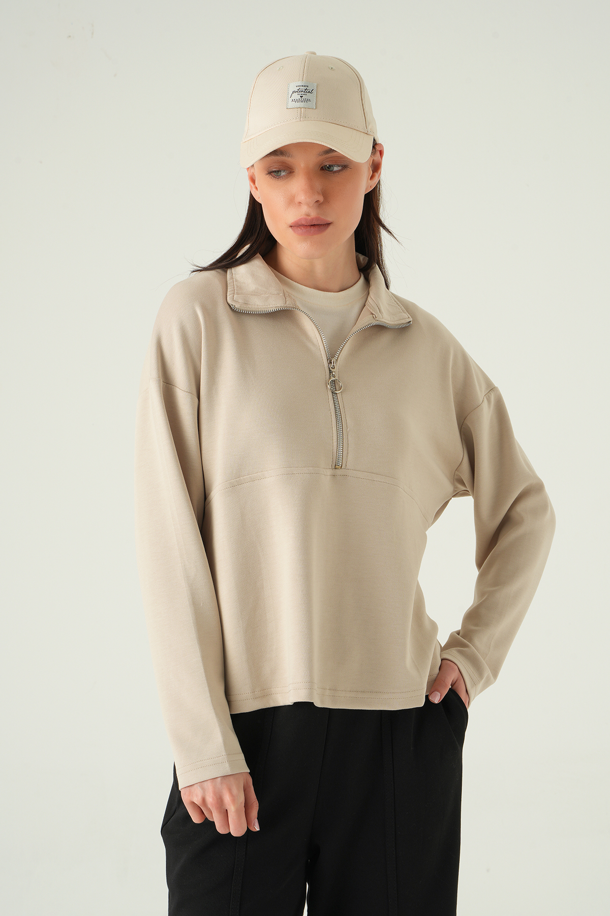 Yarım Fermuarlı Sweat 8249A Bej - 7