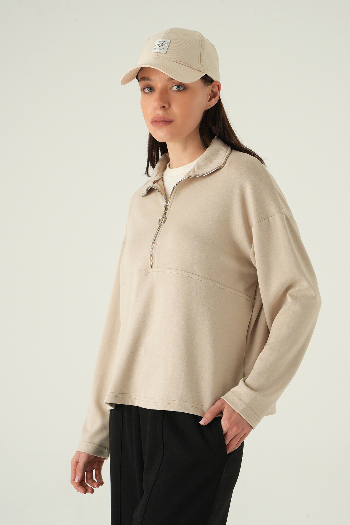 Bej Yarım Fermuarlı Sweat 8249A - RAYS