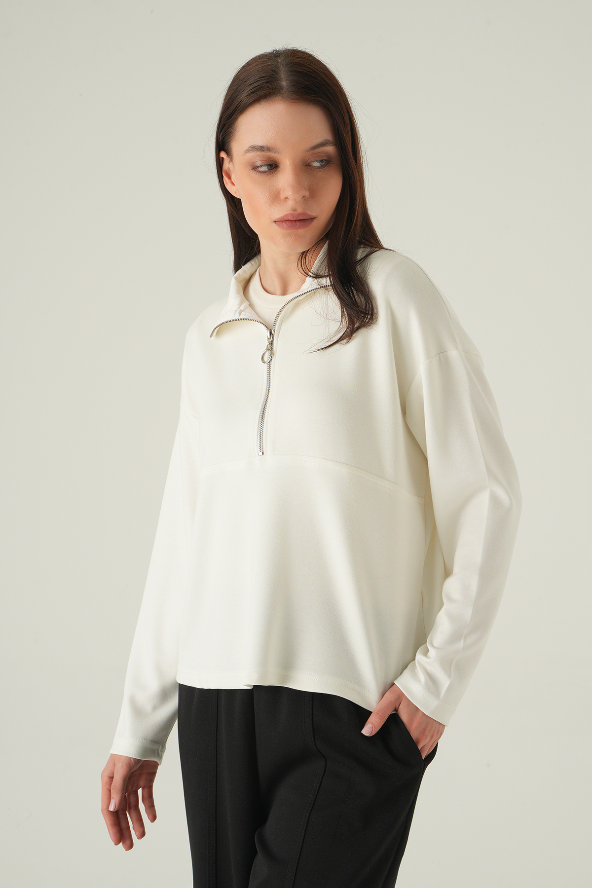 Yarım Fermuarlı Sweat 8249A Ekru - 2