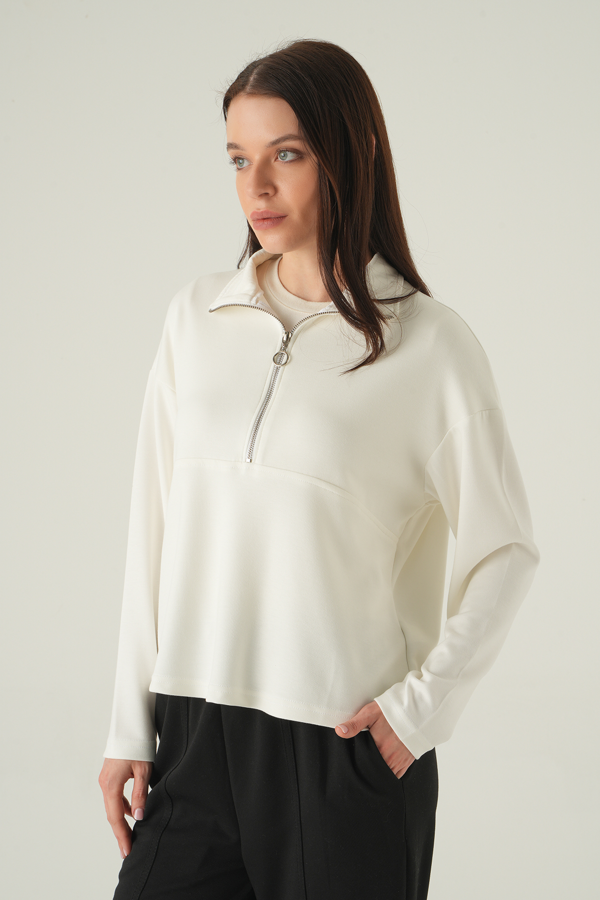 Yarım Fermuarlı Sweat 8249A Ekru - 6