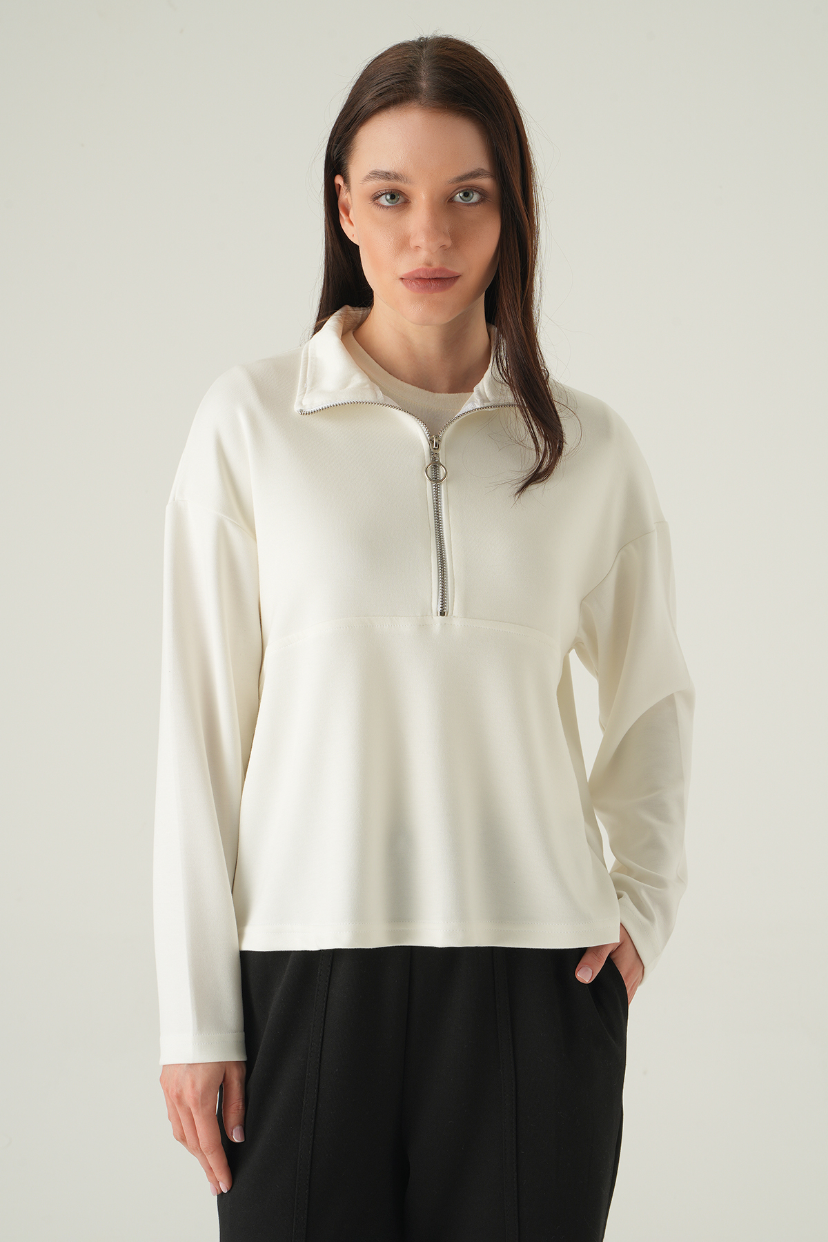 Ekru Yarım Fermuarlı Sweat 8249A - 1