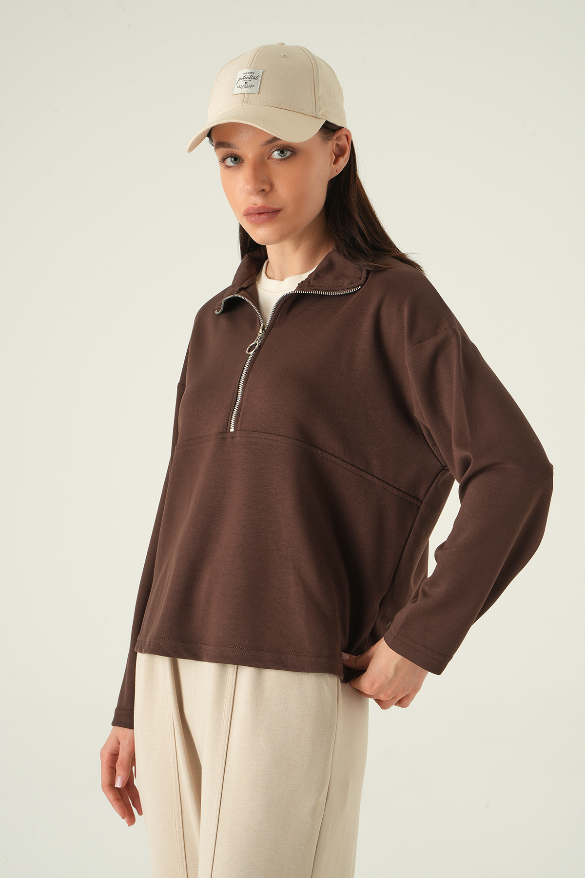 Yarım Fermuarlı Sweat 8249A Kahve - 2