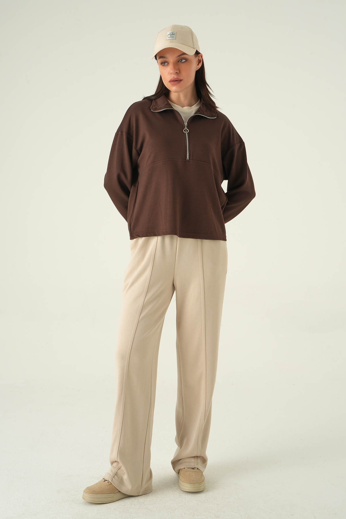 Yarım Fermuarlı Sweat 8249A Kahve - 3