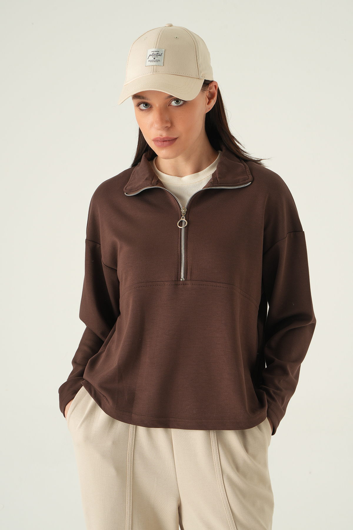 Yarım Fermuarlı Sweat 8249A Kahve - 6