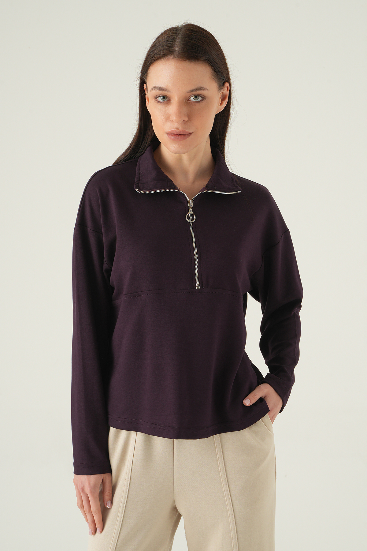 Yarım Fermuarlı Sweat 8249A Mürdüm - RAYS