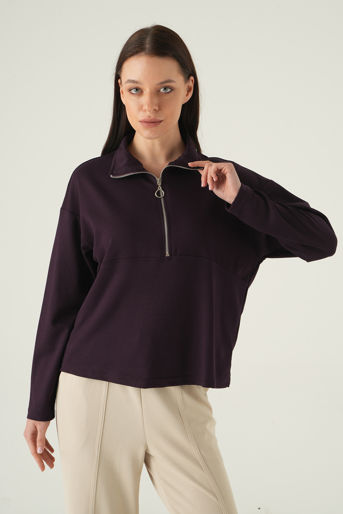 Yarım Fermuarlı Sweat 8249A Mürdüm - 2