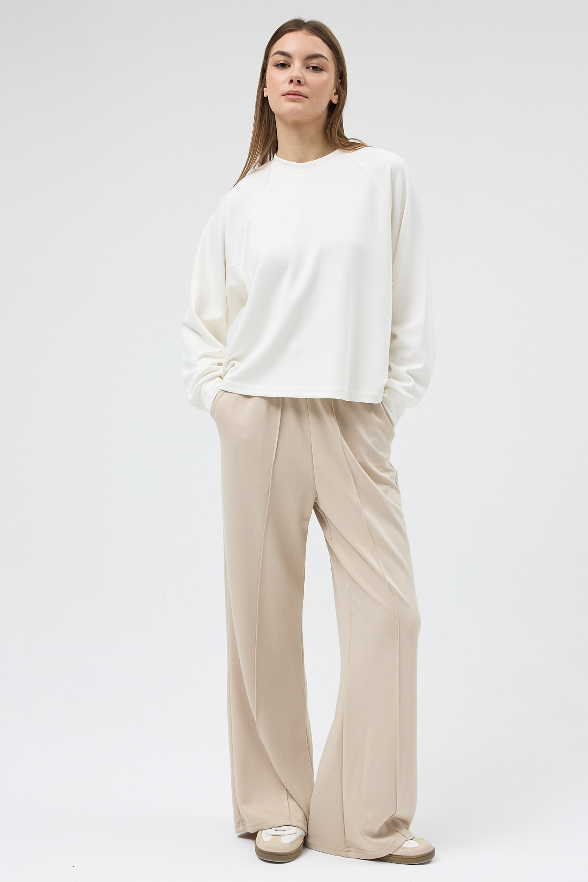 Ekru Oversize Bisiklet Yaka Kadın Sweat 8251A - 3