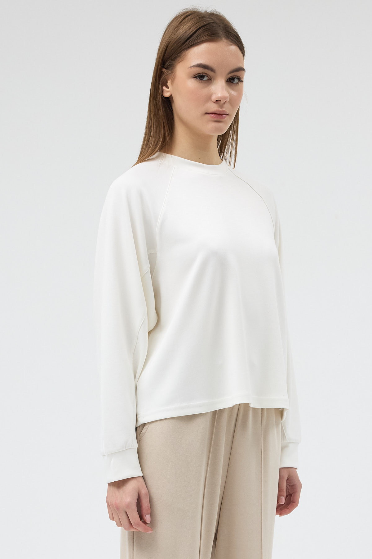 Ekru Oversize Bisiklet Yaka Kadın Sweat 8251A - 2