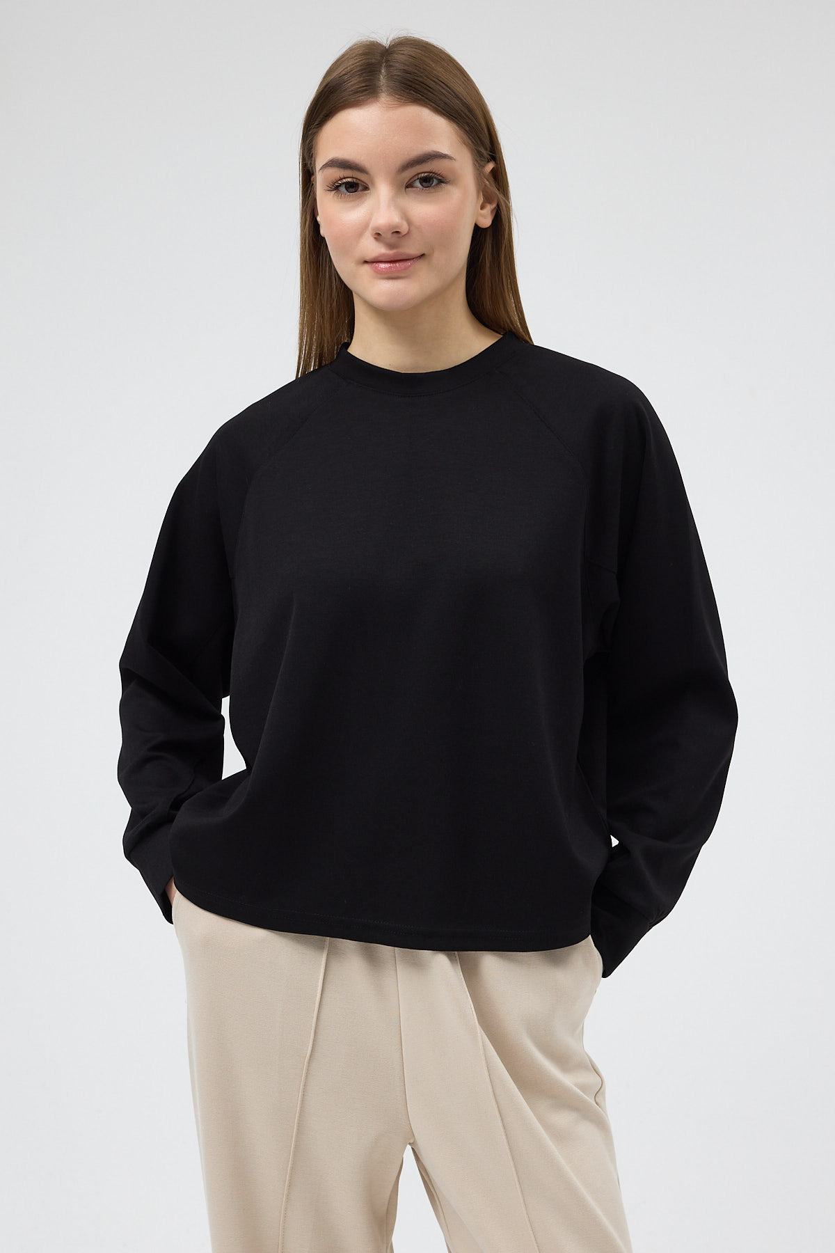 Siyah Oversize Bisiklet Yaka Kadın Sweat 8251A - 1