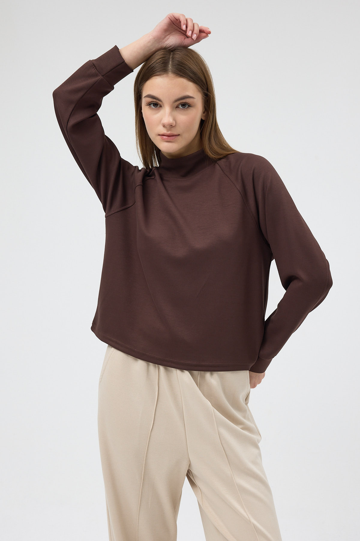 Kahverengi Dik Yaka Reglan Kol Kadın Sweat 8252A - 2