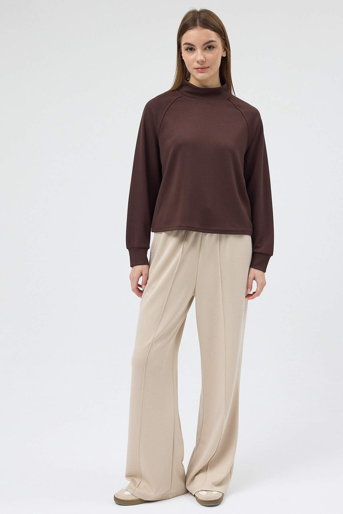 Kahverengi Dik Yaka Reglan Kol Kadın Sweat 8252A - RAYS