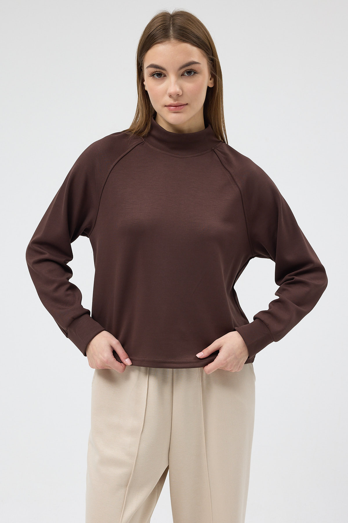 Kahverengi Dik Yaka Reglan Kol Kadın Sweat 8252A - 6