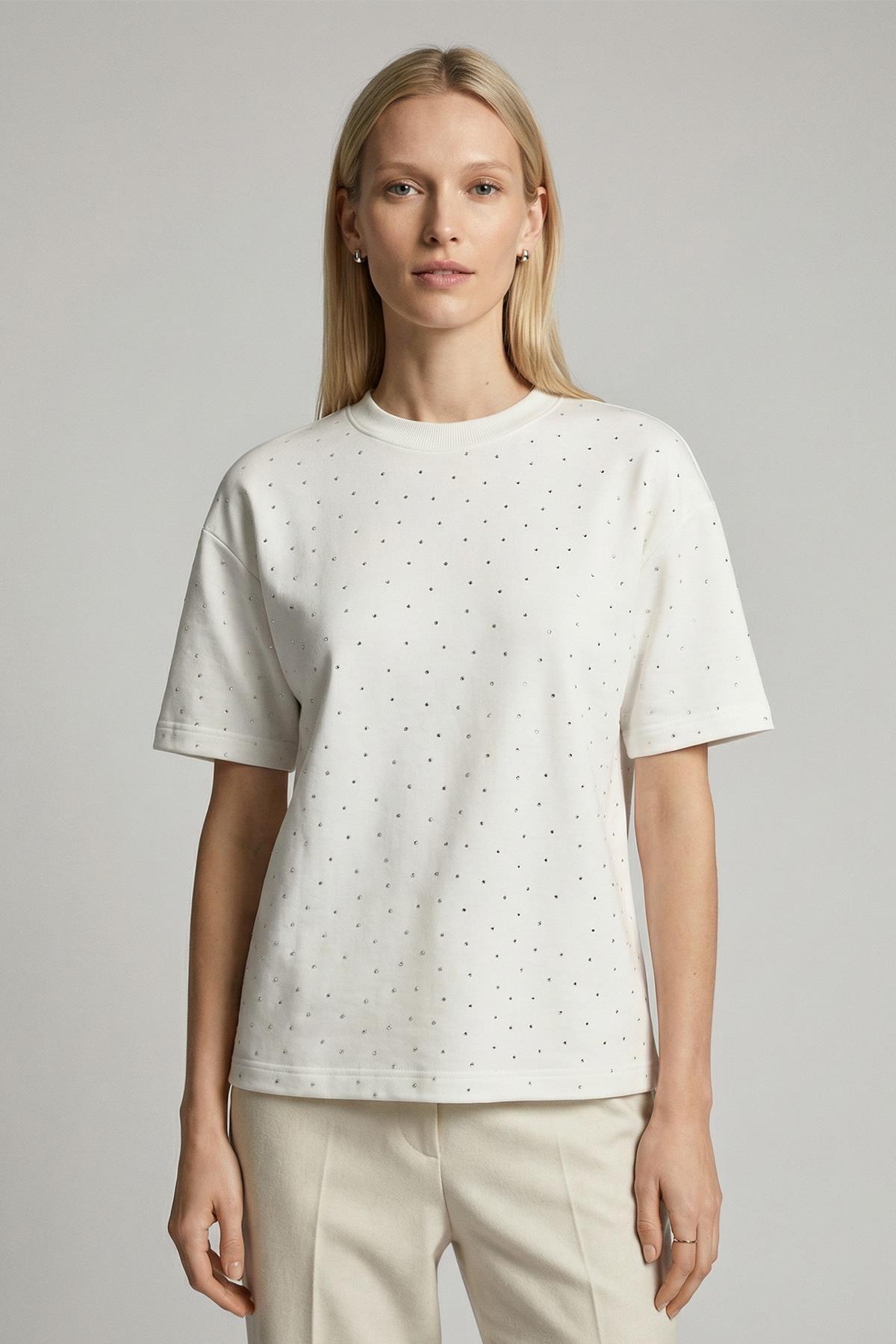 8255 Taşlı Bisiklet Yaka Tişört Ekru - RAYS