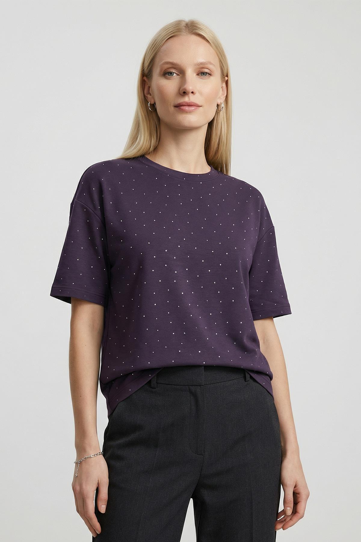 Mürdüm Taşlı Bisiklet Yaka Tişört 8255 - RAYS