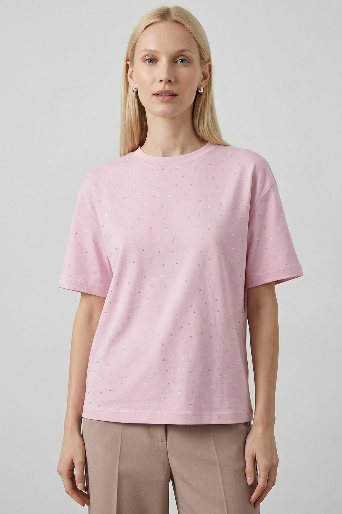 Pembe Taşlı Bisiklet Yaka Tişört 8255 - 1