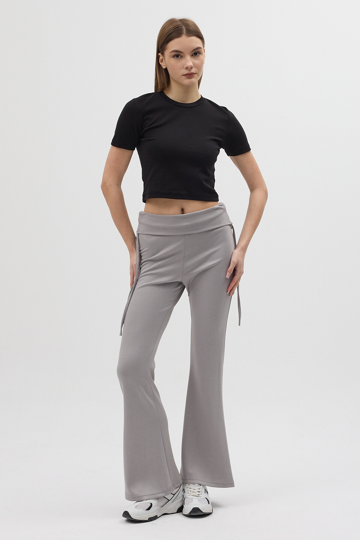 Gri Geniş Paça Yüksek Bel Yandan Bağlamalı Kadın Pantolon 8255A - RAYS