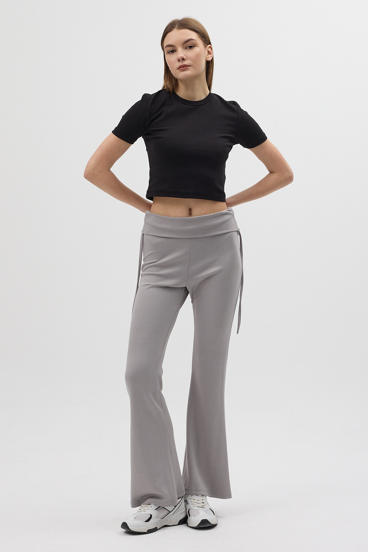 Gri Geniş Paça Yüksek Bel Yandan Bağlamalı Kadın Pantolon 8255A - RAYS (1)