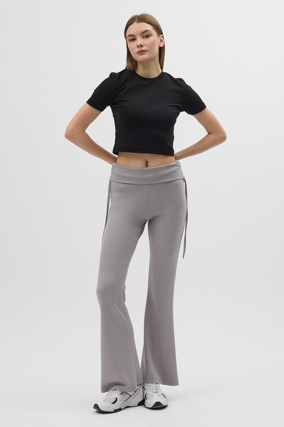 Gri Geniş Paça Yüksek Bel Yandan Bağlamalı Kadın Pantolon 8255A - RAYS (1)