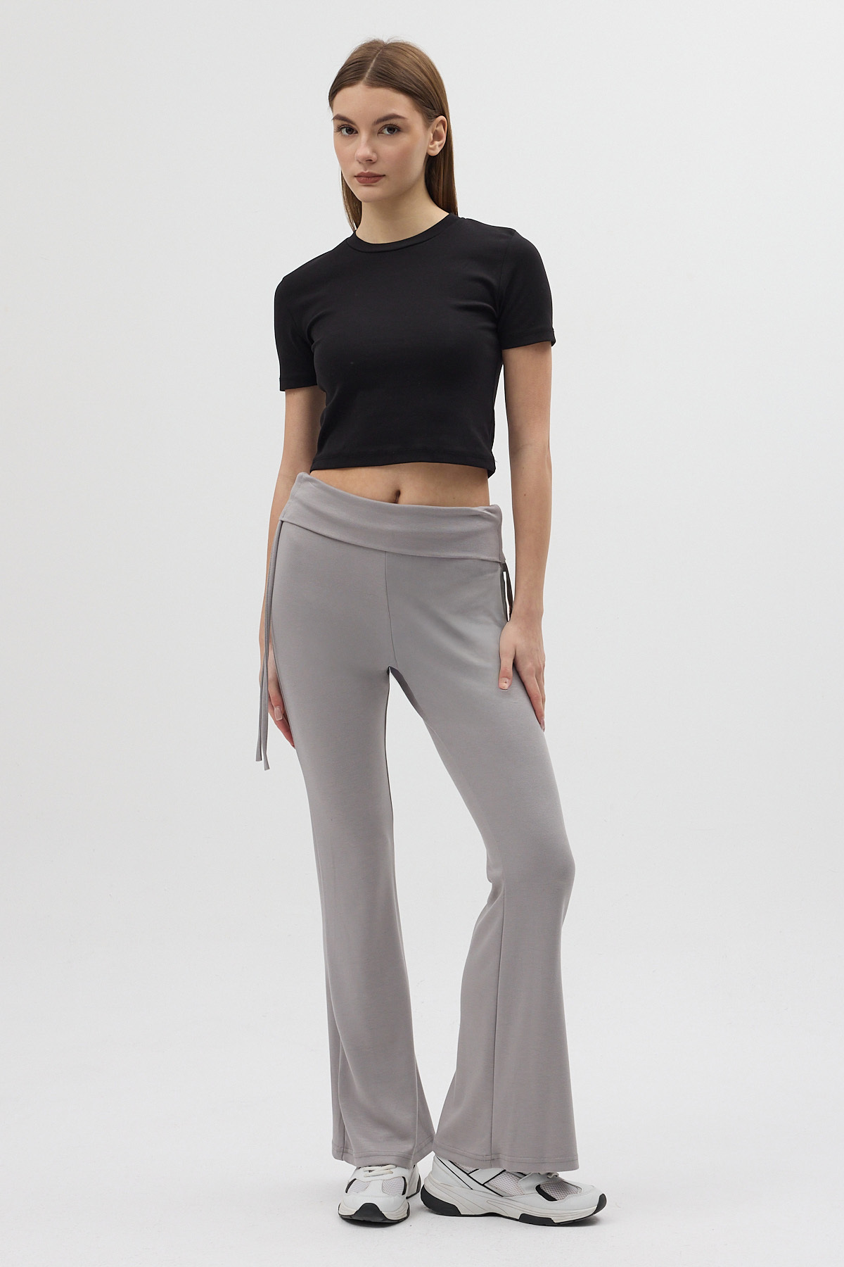 Gri Geniş Paça Yüksek Bel Yandan Bağlamalı Kadın Pantolon 8255A - 5