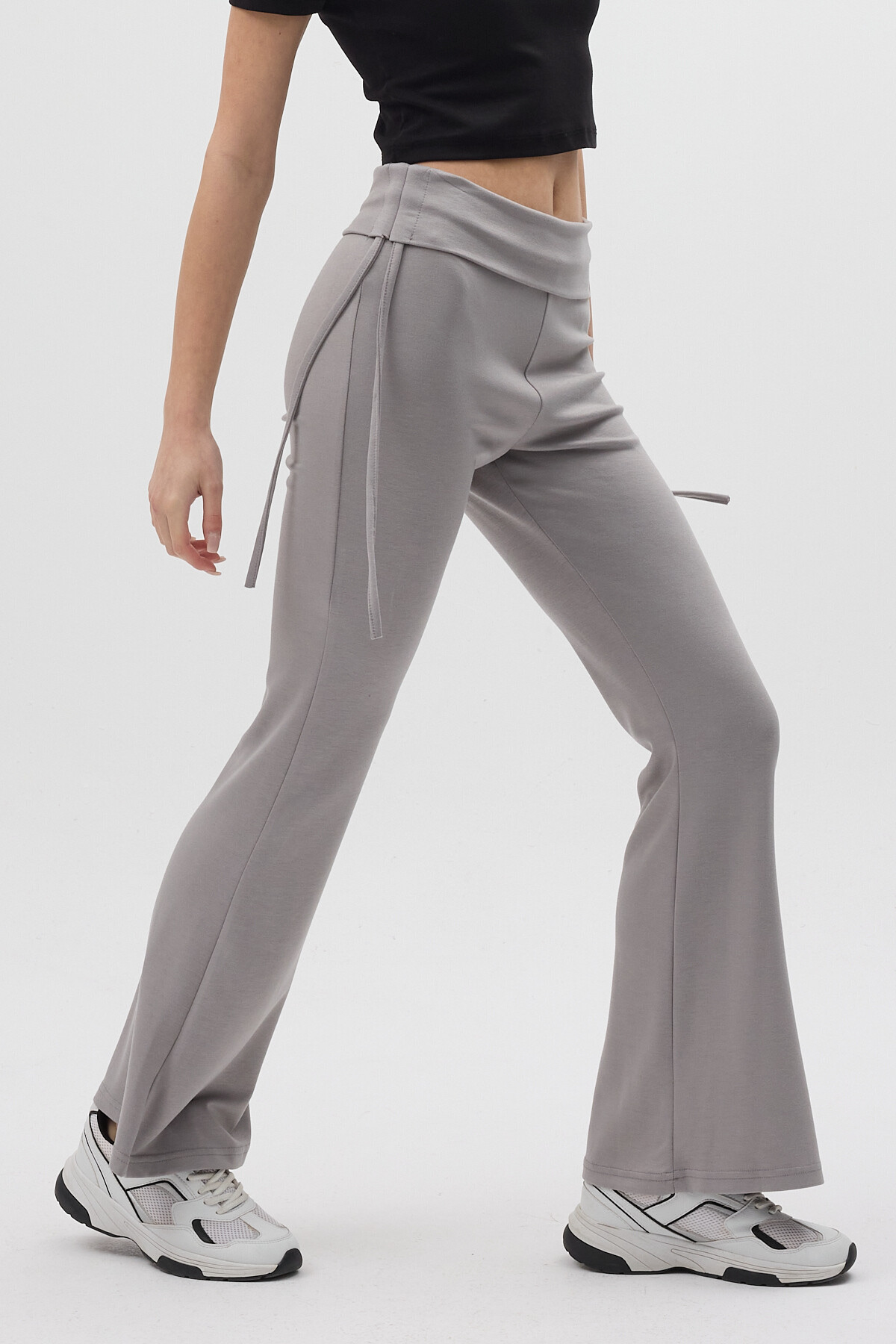 Gri Geniş Paça Yüksek Bel Yandan Bağlamalı Kadın Pantolon 8255A - 6
