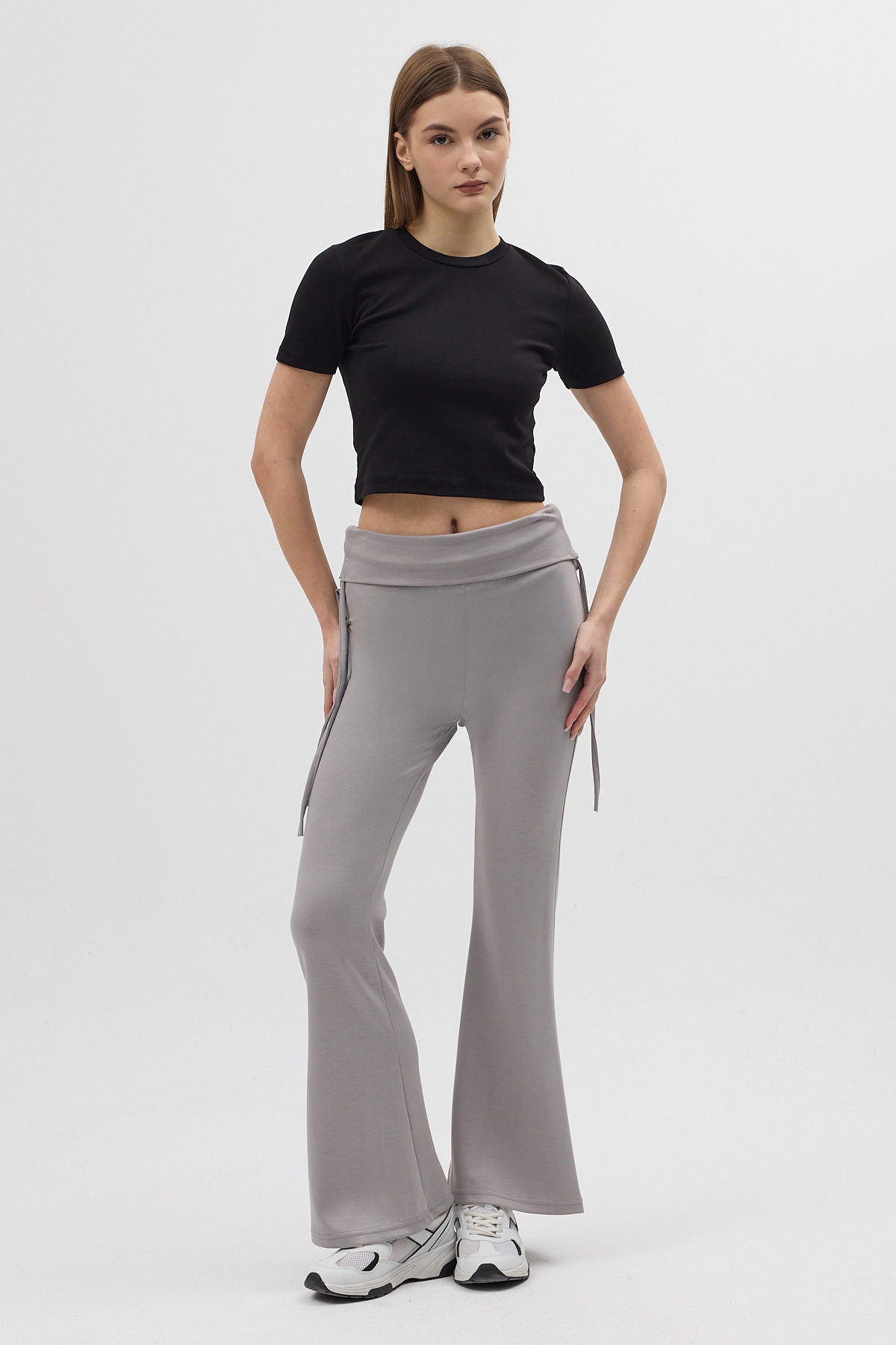 Gri Geniş Paça Yüksek Bel Yandan Bağlamalı Kadın Pantolon 8255A 