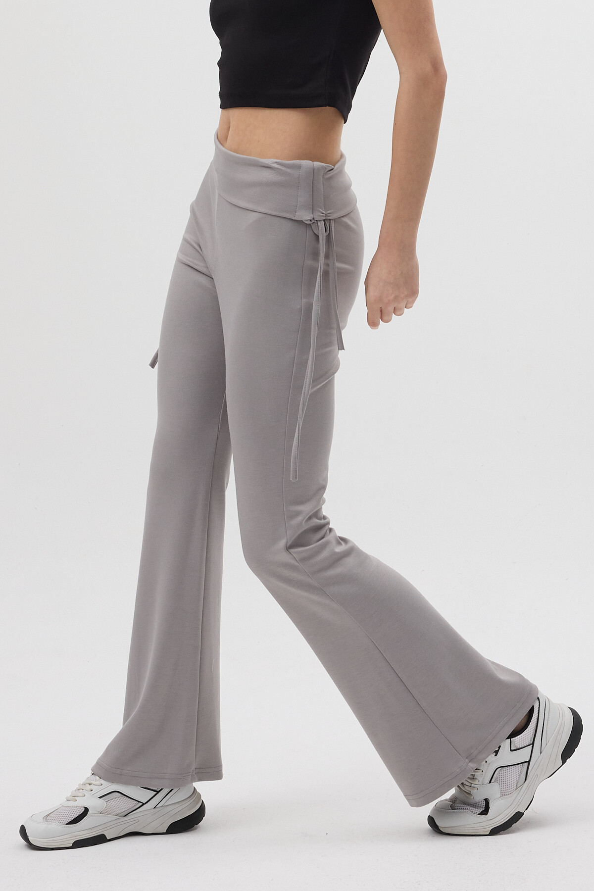 Gri Geniş Paça Yüksek Bel Yandan Bağlamalı Kadın Pantolon 8255A - 3