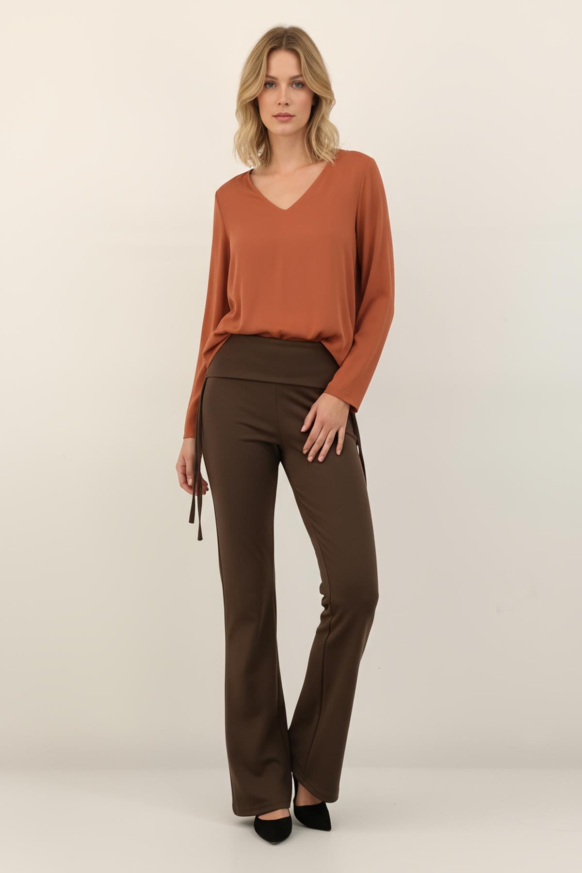 8255A Yandan Bağlamalı Pantolon Kahve - 1