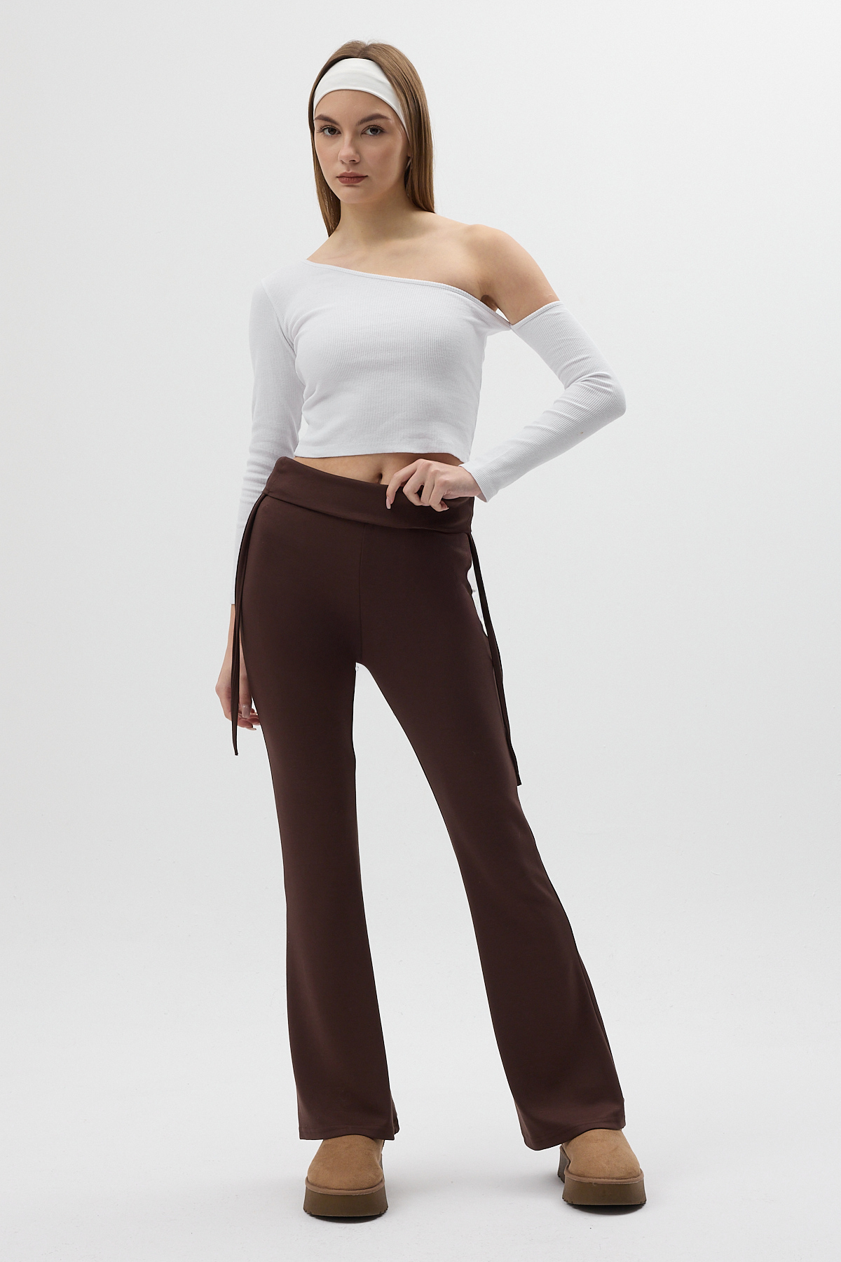 Kahverengi Geniş Paça Yüksek Bel Yandan Bağlamalı Kadın Pantolon 8255A - 6