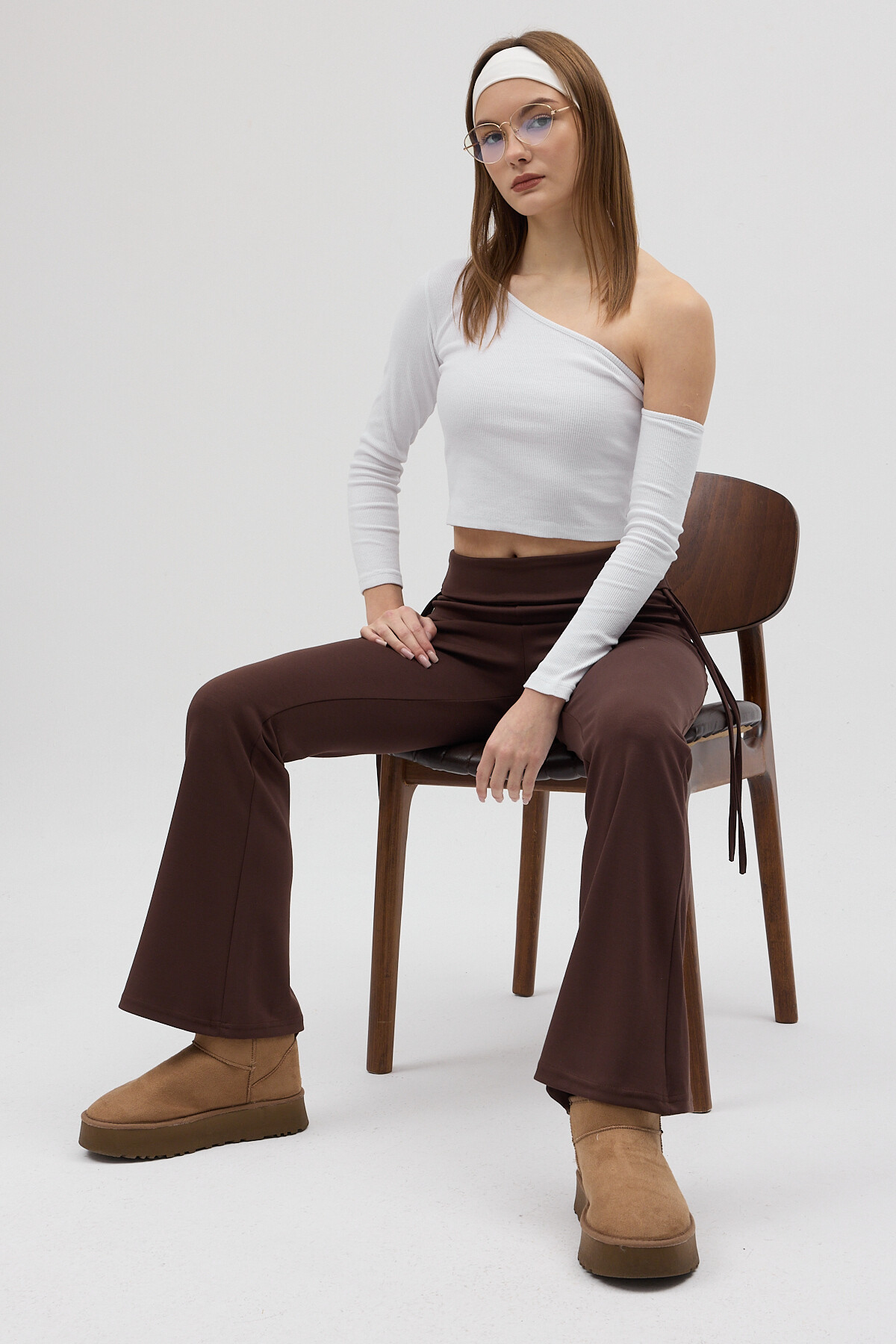 Kahverengi Geniş Paça Yüksek Bel Yandan Bağlamalı Kadın Pantolon 8255A - 7