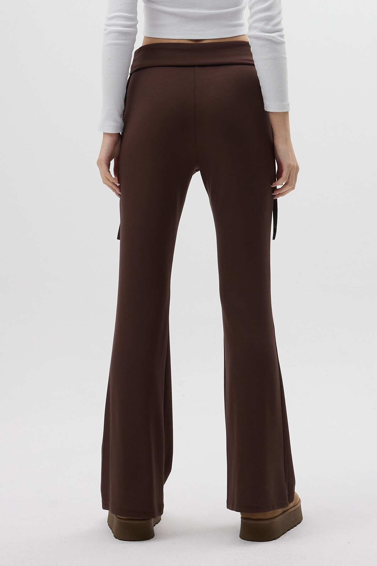 Kahverengi Geniş Paça Yüksek Bel Yandan Bağlamalı Kadın Pantolon 8255A - 5