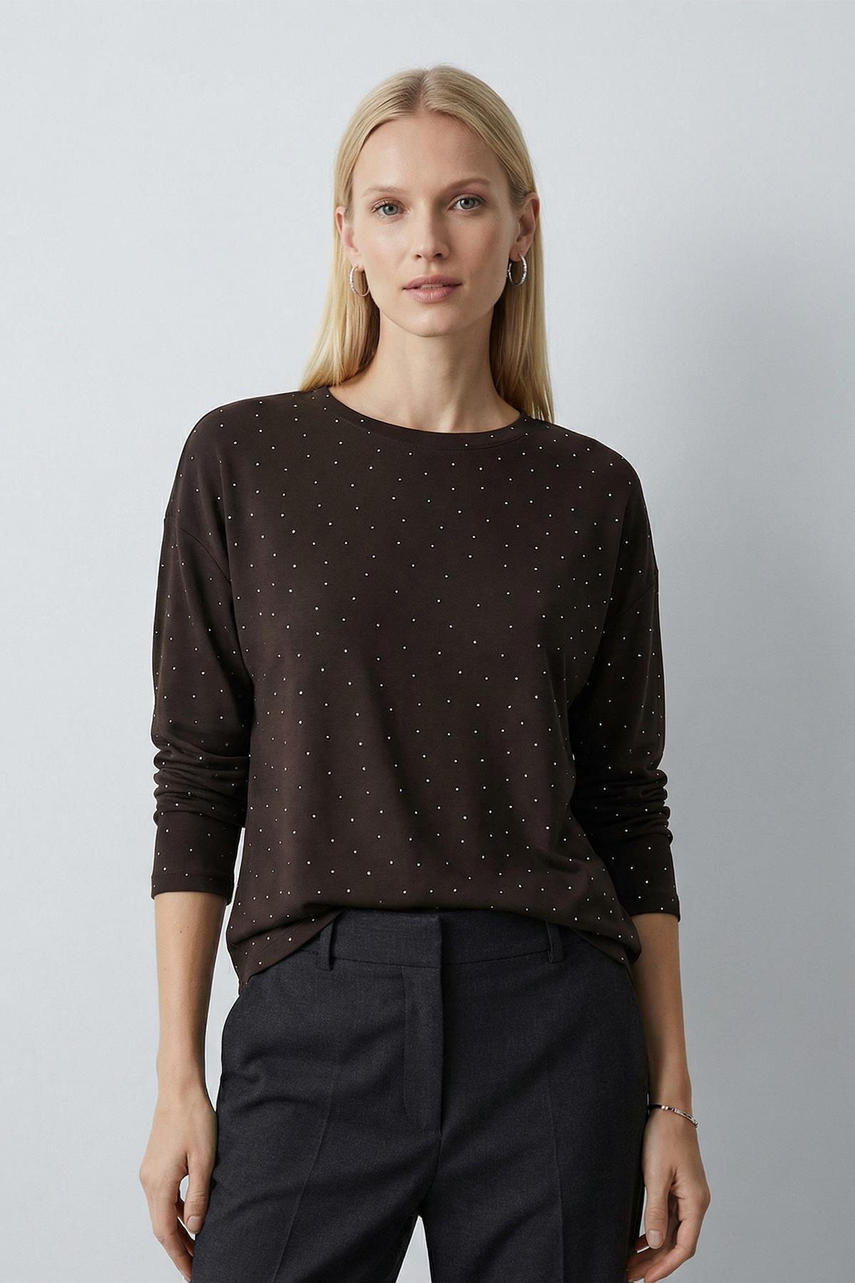 Acı Kahve Taşlı Uzun Kol Bluz 8256 - 1