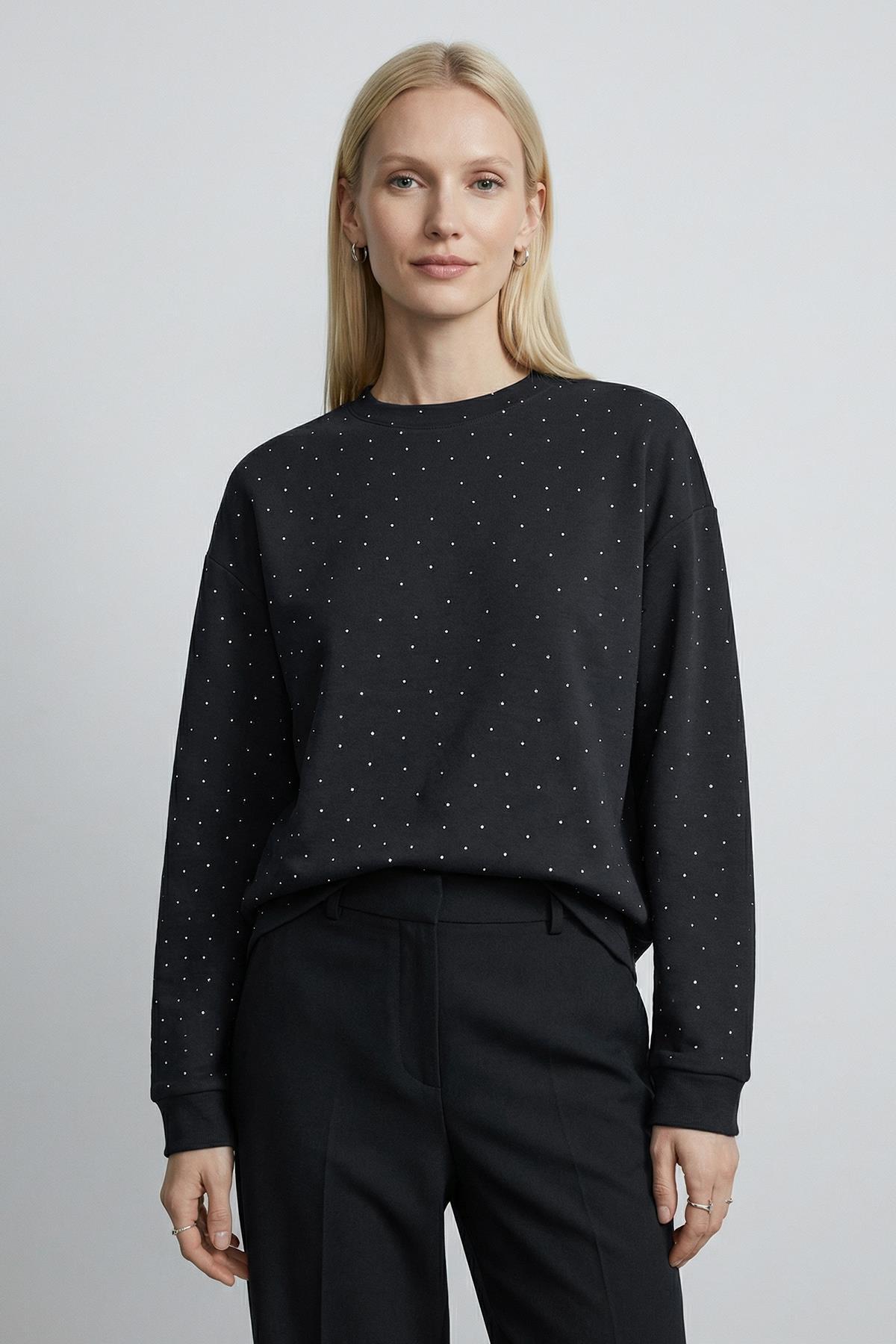 Siyah Taşlı Uzun Kol Bluz 8256 