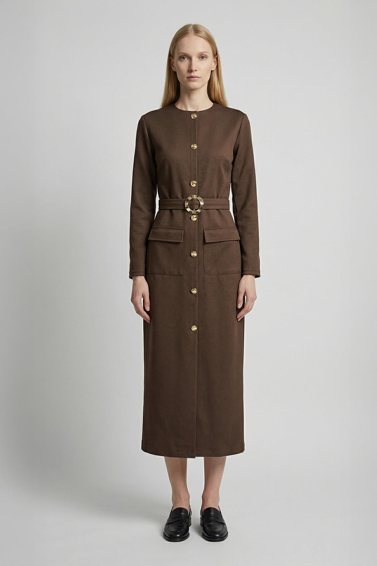 8258A Düğmeli Cepli Elbise Kahve - RAYS