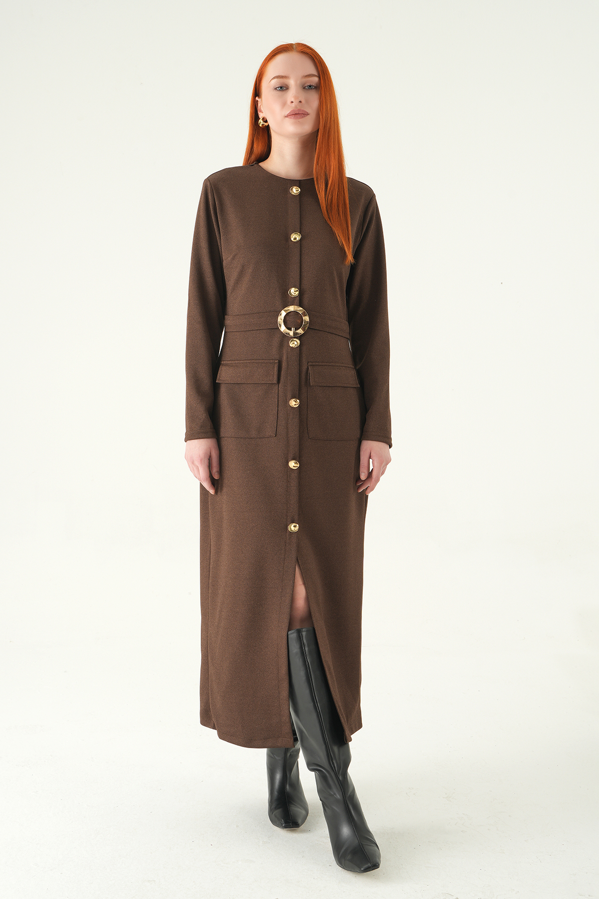 8258A Düğmeli Cepli Elbise Kahve - RAYS (1)