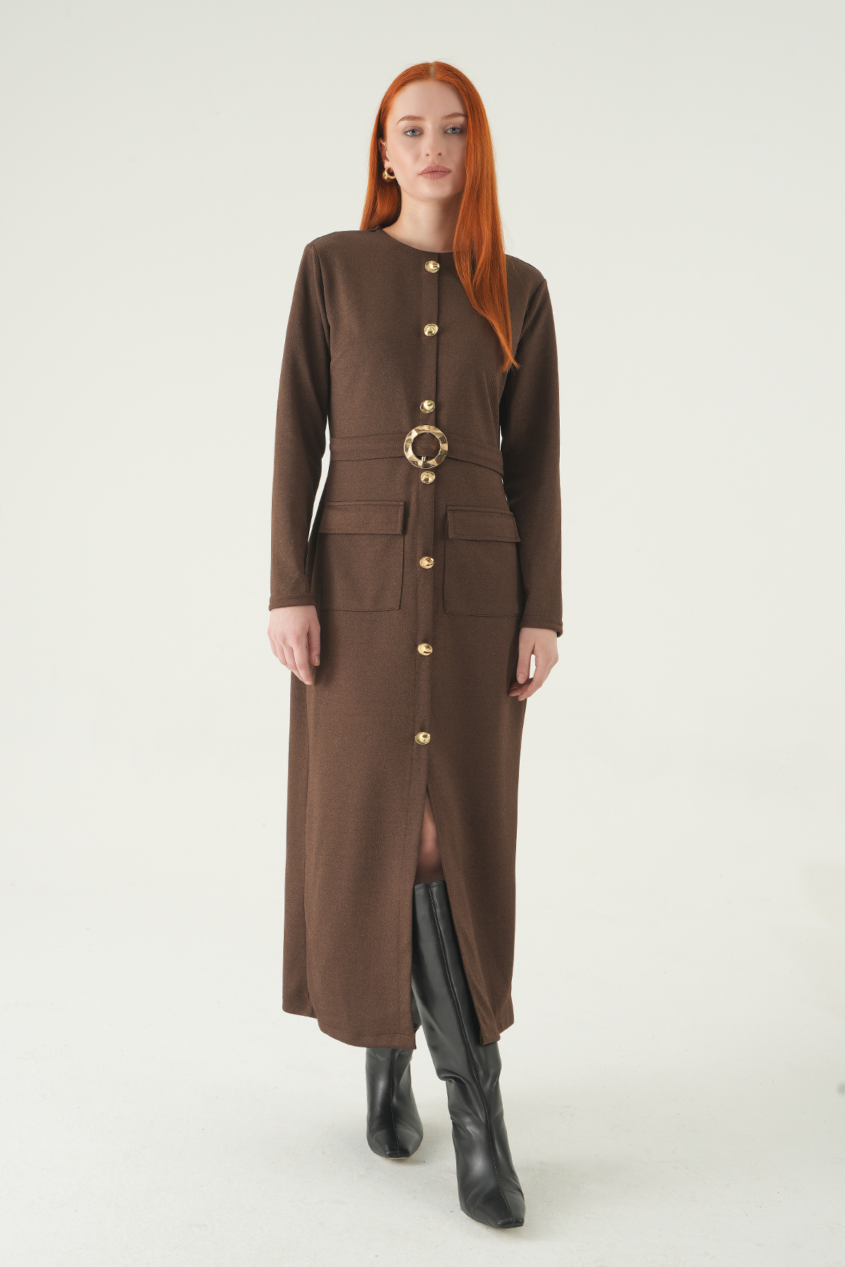 8258A Düğmeli Cepli Elbise Kahve - RAYS