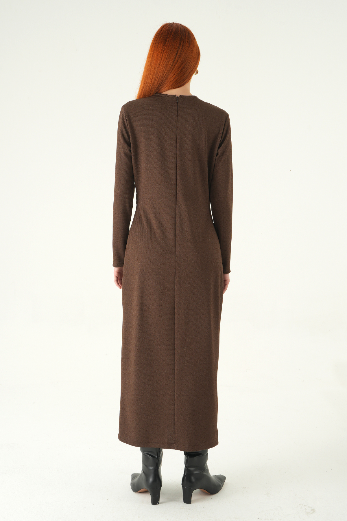 Kahve Düğmeli Cepli Elbise 8258A - 4