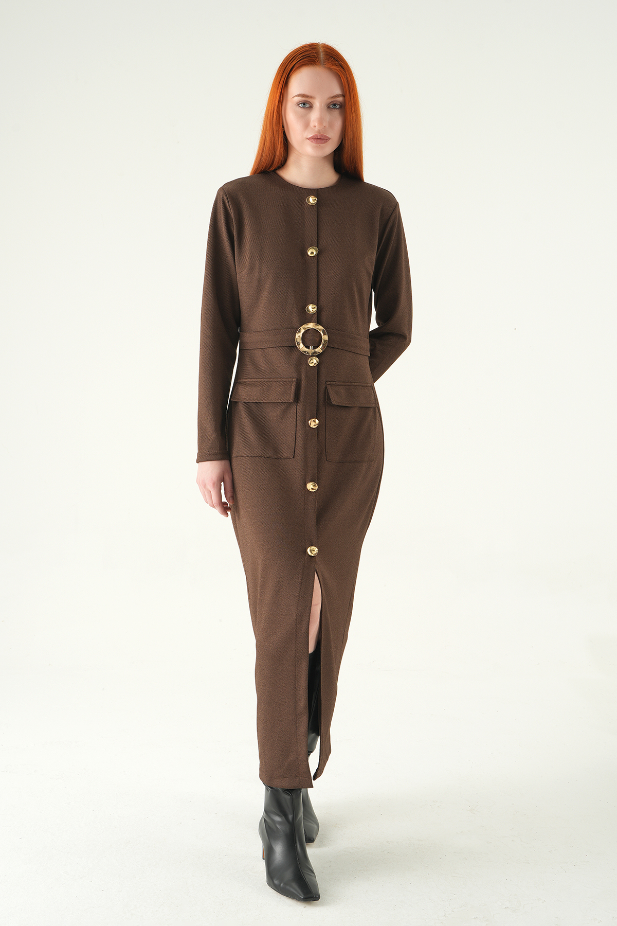 Kahve Düğmeli Cepli Elbise 8258A - 5