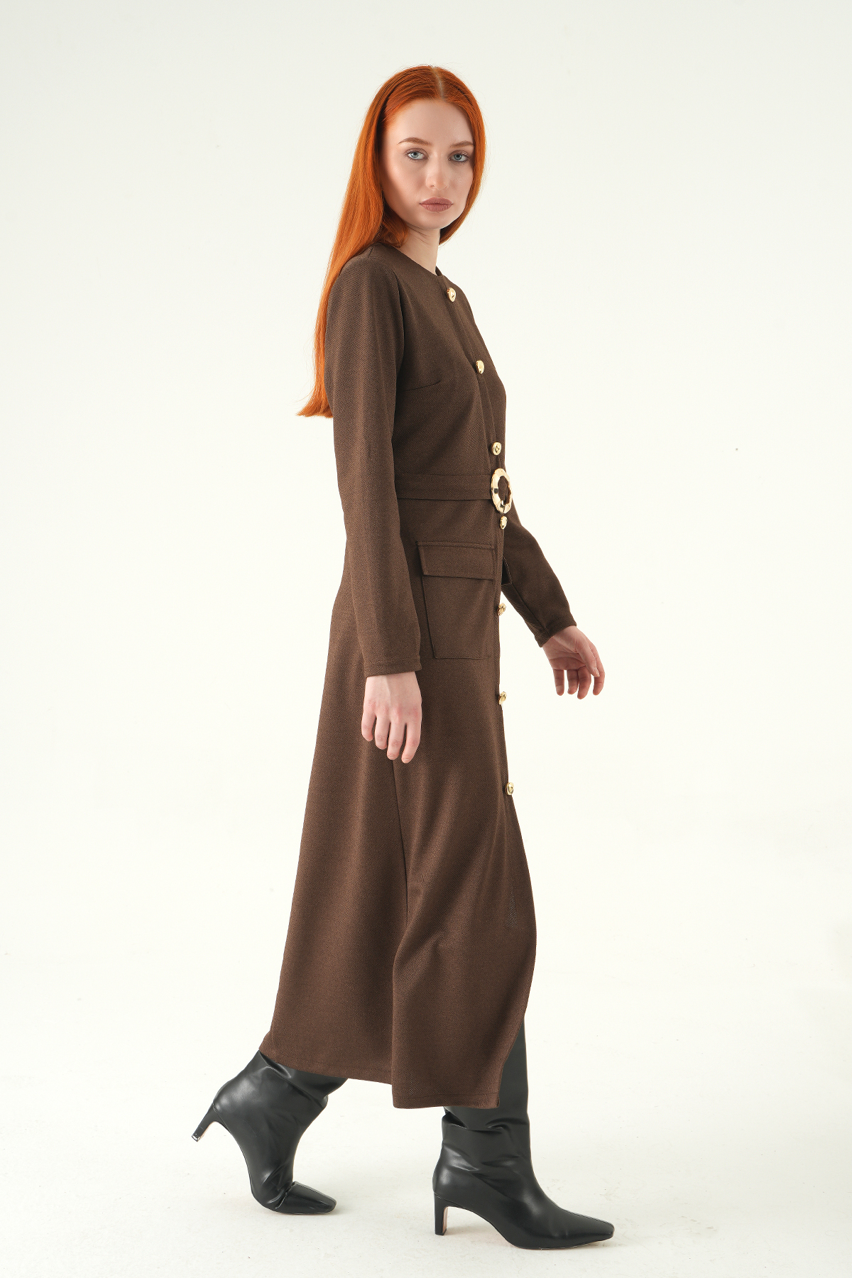 Kahve Düğmeli Cepli Elbise 8258A - 6