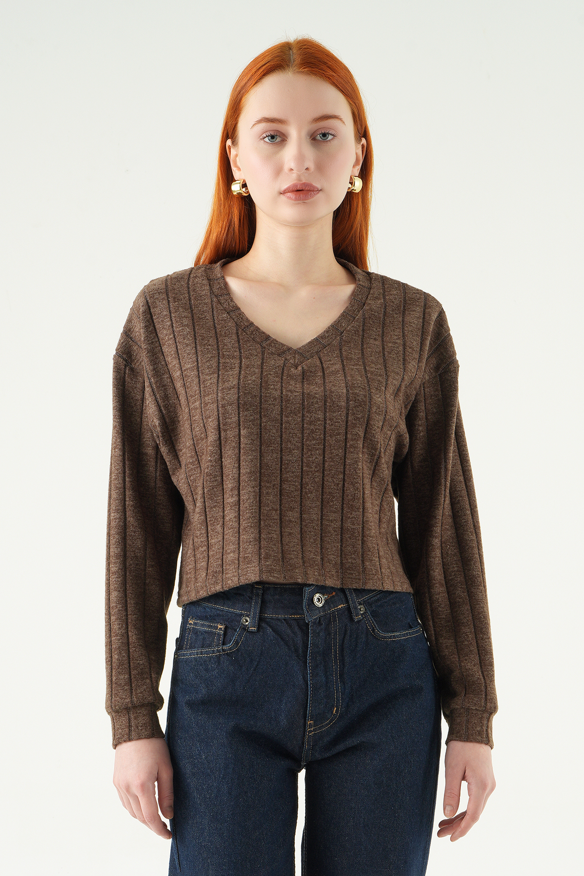 8259A V Yaka Bluz Acı Kahve - 1